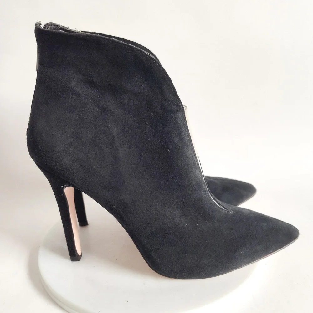 Jessica‎ Simpson Ankle Boots 7 Black Suede PVC V-Cut Stiletto Heel Piercie Sexy